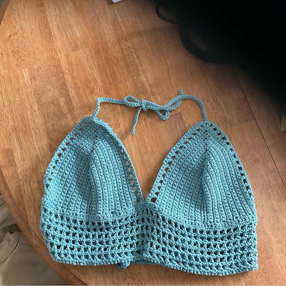 Handmade Halter Crochet Boho Hippie Bralette Crop Top Off the Shoulder with Mesh - Picture 2 of 7
